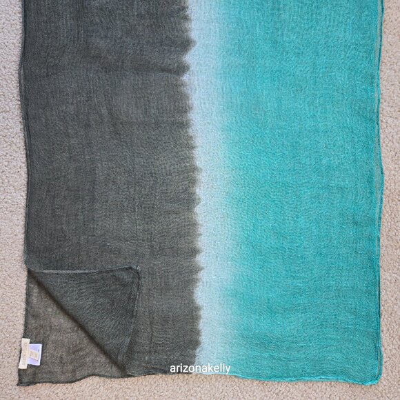 Eileen Fisher Linen Scarf Gradient Ombre Bluish Green to Brownish Green - Picture 5 of 9